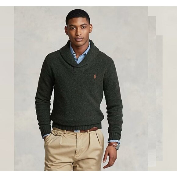Polo Ralph Lauren Other - Polo Ralph Lauren Speckled Wool Blend Shawl Sweater Mens M Green Pullover Preppy
